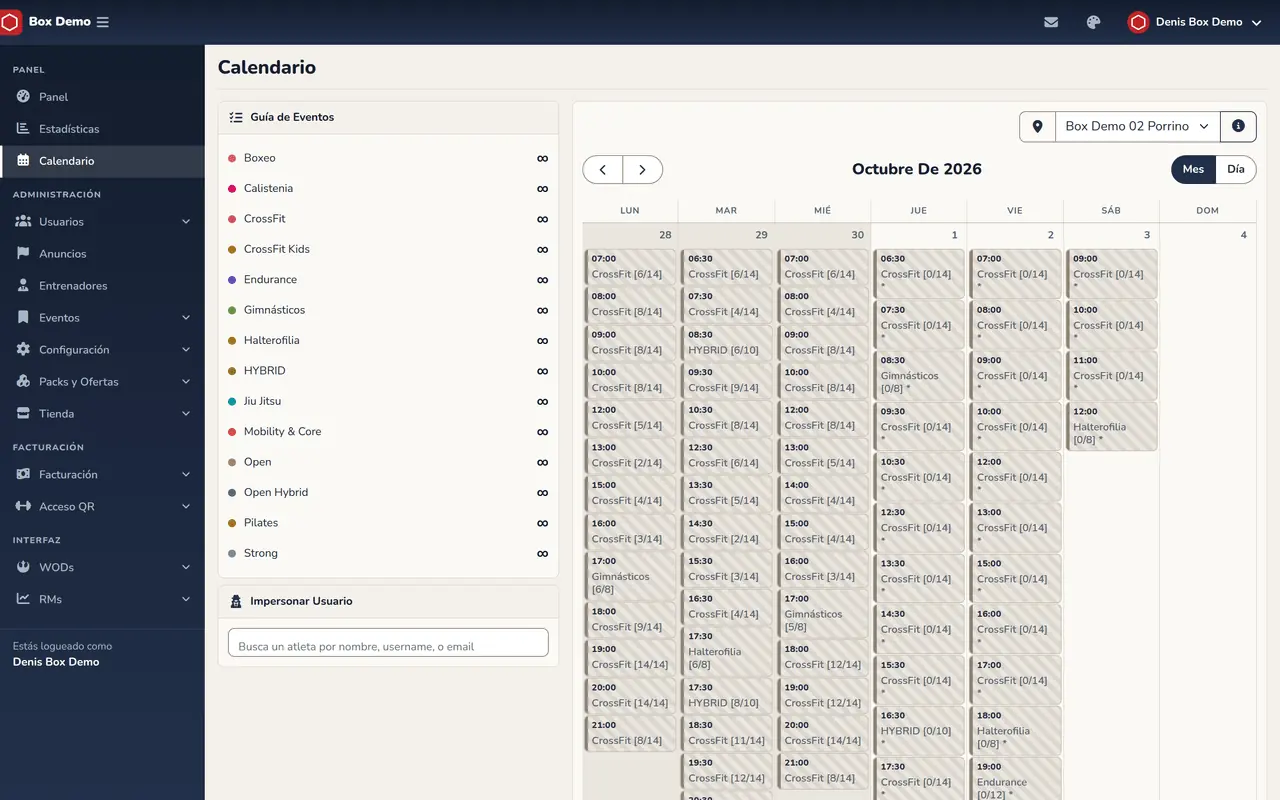 Calendário de aulas do RoninBox com as vagas ocupadas de cada sessão.