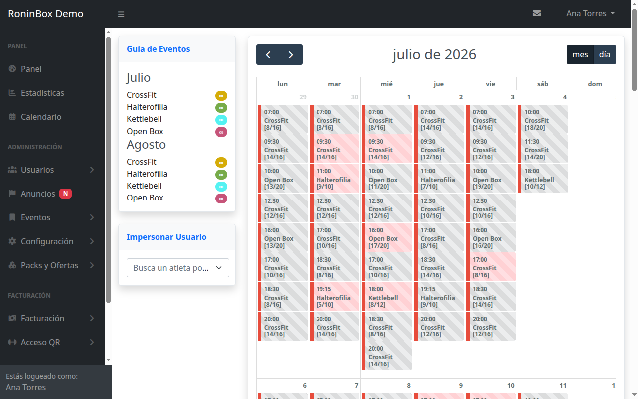 Calendário de aulas do RoninBox com as vagas ocupadas de cada sessão.