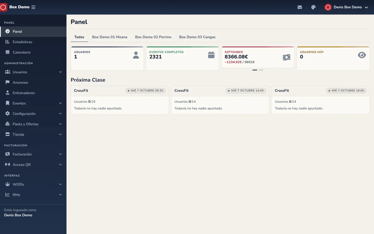 Panel de RoninBox con la facturación del mes, usuarios activos y próximas clases.