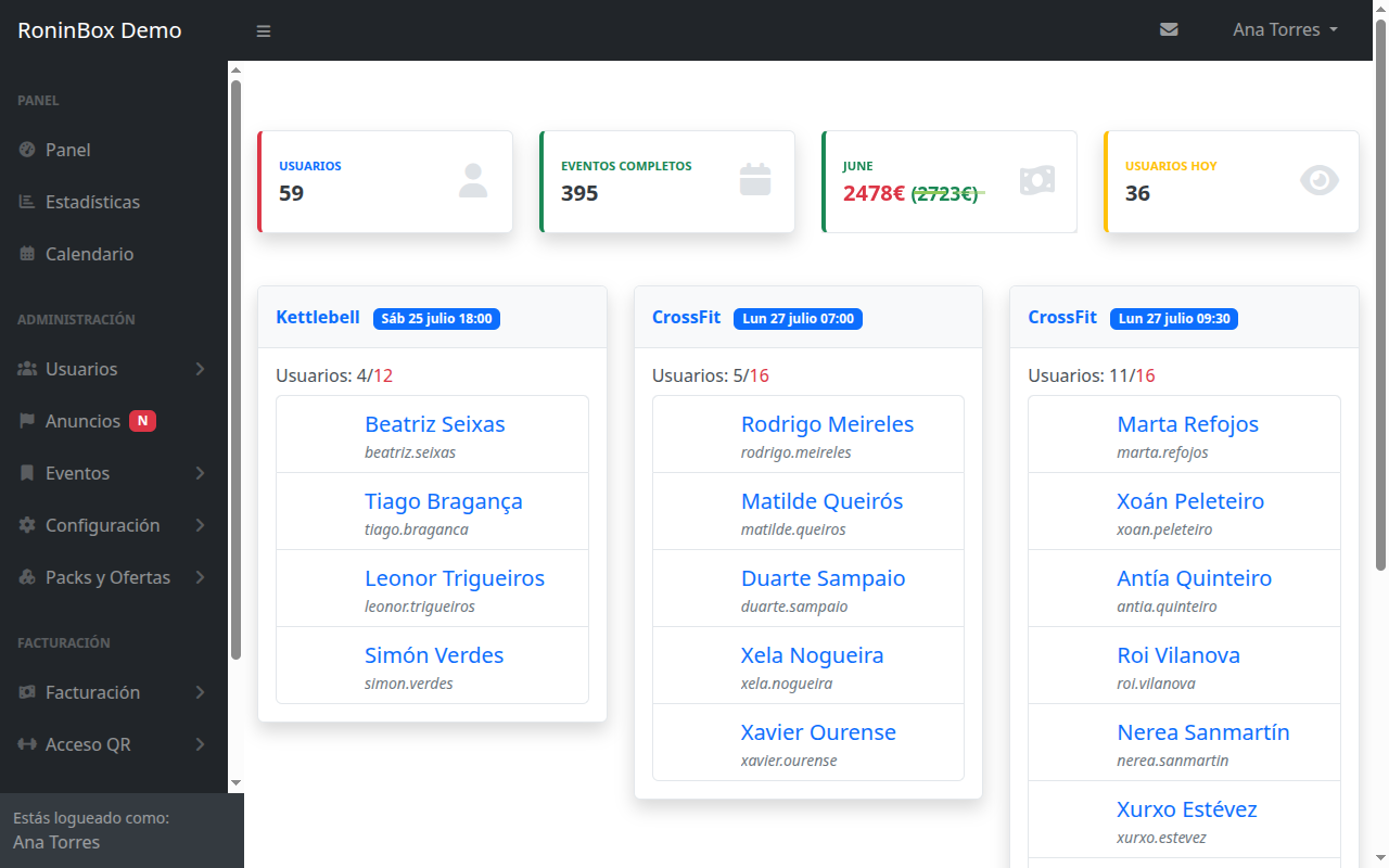Painel do RoninBox com o resumo de atletas, aulas do dia e pagamentos pendentes.